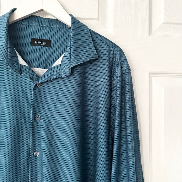Bugatchi Teal OoohCotton Tech James Geometric Buttondown Long Sleeve Shirt XXL - Picture 5 of 13